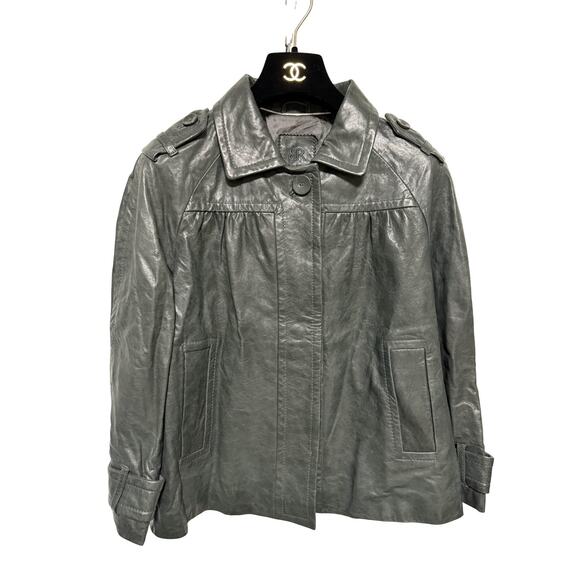 Banana Republic Genuine Leather Jacket Womens Medium Gray Epaulet Belted Cuffs - Picture 1 of 16